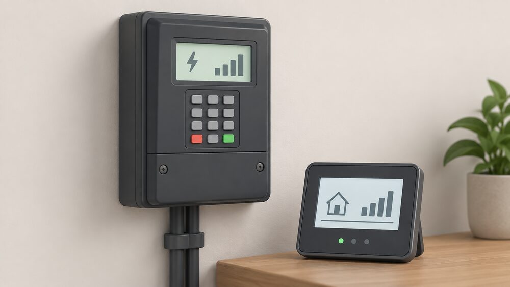 A close-up of a dark grey prepayment keypad electricity meter mounted on a wall, its screen lit and showing readings, with a small in-home display unit resting nearby within short range, both powered back on after an outage.
