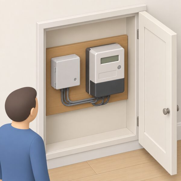 A small radio teleswitch box mounted on a wall directly beside a domestic electricity meter, connected by short wiring, shown in a simple isometric view of an indoor meter cupboard or utility area.