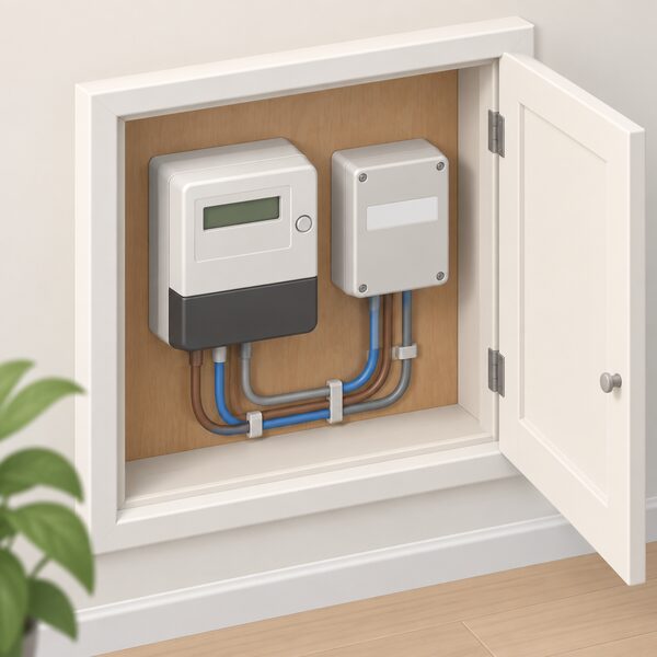 A simplified isometric view of a home meter cupboard where a separate switch box sits beside the electricity meter, the switch box carrying a plain label block standing in for the Radio Teleswitch marking, with wiring linking the two units to the household supply.
