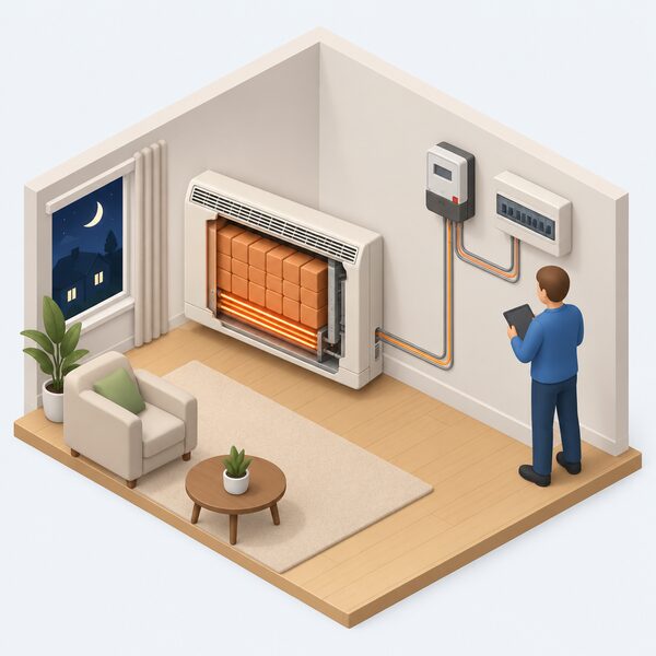 A cutaway view of a storage heater on a living room wall, its internal bricks and heating element visible, wired to a consumer unit and an RTS electricity meter on a nearby wall, with a small isometric figure checking the connection as the heater charges overnight.