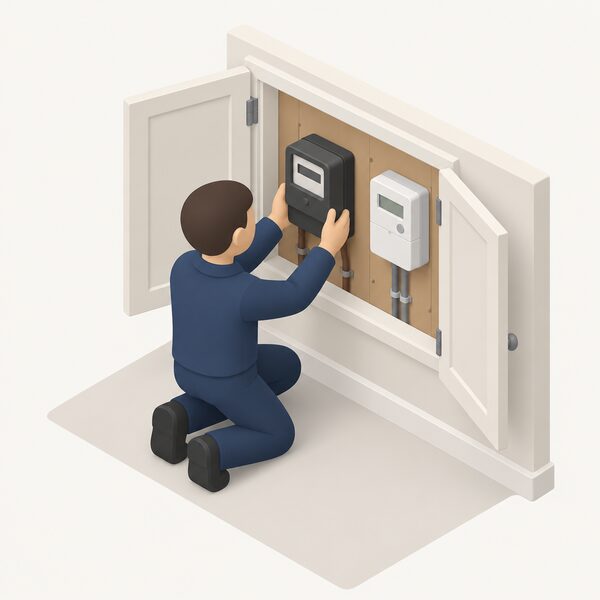 A supplier engineer in plain work clothing kneels at a household's indoor electricity meter cupboard, removing an old RTS electricity meter from the wall while a new smart meter sits ready beside them, with the area around the meter cleared and the power isolated.