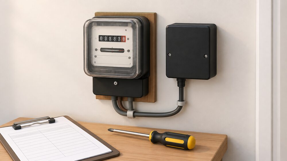 A close-up of an older electricity meter on an indoor wall with a separate black radio teleswitch box mounted beside it, a screwdriver and clipboard resting nearby ready for a replacement visit.