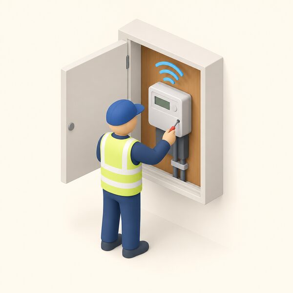 A simplified isometric view of a smart electricity meter fitted in a household meter cupboard or box where the old meter was, with a small figure of an installer finishing the job, and simple signal waves rising from the meter to show readings being sent automatically over the mobile phone network.