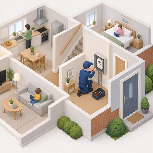 A simplified isometric engineer in plain work clothing kneeling beside an electricity meter box on an internal wall, fitting a smart meter with a screwdriver, tools laid out nearby, while the household goes about its day elsewhere in the home.