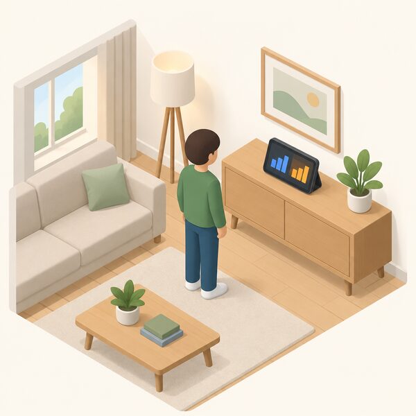 A small isometric figure stands in a home living room looking at an in-home display unit on a shelf or table, its screen showing plain colour bands representing both gas and electricity usage side by side, with no other equipment visible.