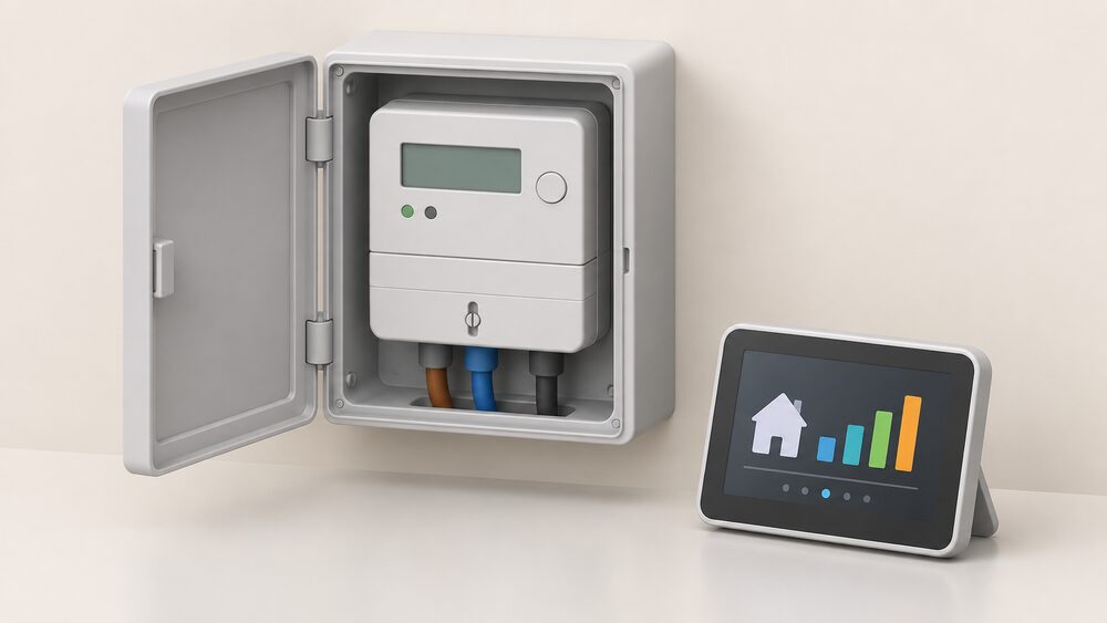 A close-up of a smart electricity meter in its meter box on the wall, with its digital display face visible, and an in-home display unit standing beside it showing usage, with nothing else in the scene.