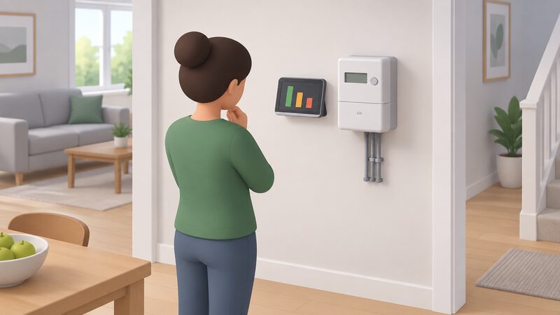 A householder stands indoors holding or looking at a small in-home display showing plain usage bars, positioned beside a wall-mounted smart electricity meter, making clear the two are separate devices with the meter reporting and the display only showing information.