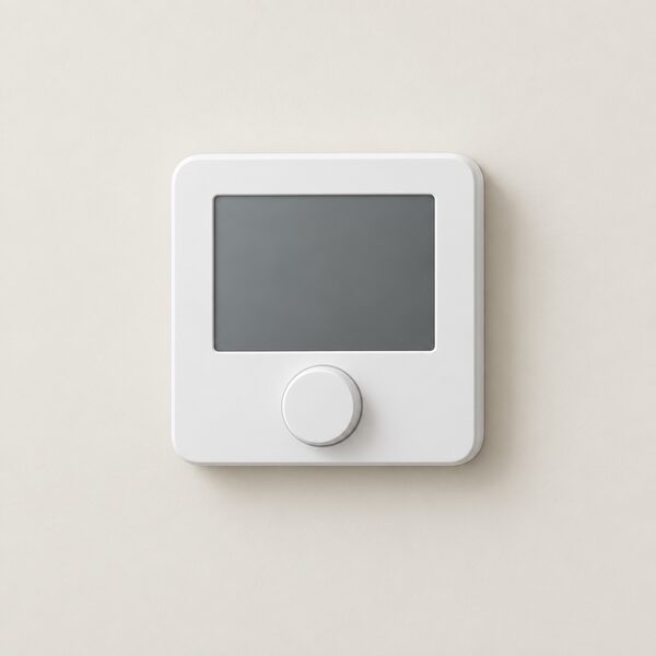 A simple white rectangular smart thermostat mounted flat on a plain indoor wall of a UK home, shown straight-on as a clean product with a blank screen and no visible screws or wiring, with no other equipment in view.