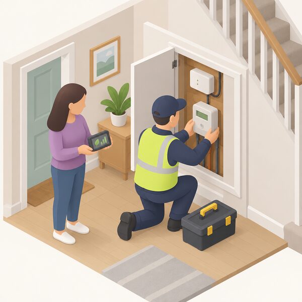 A simplified isometric engineer kneeling at a UK home's electricity meter box fitting a smart meter, with the new in-home display being handed to the householder nearby, shown as a free installation scene.