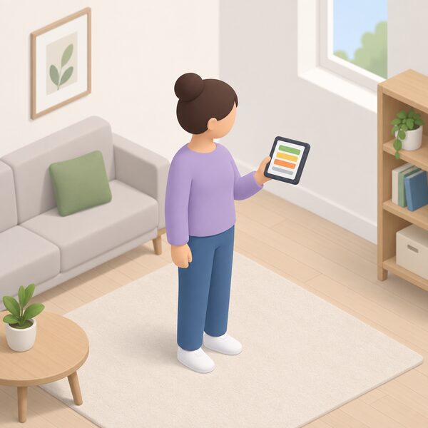A simplified isometric figure holds a small portable touchscreen in-home display in one hand, the plain screen showing a simple colour band and blank line to suggest near real-time energy usage, standing in a domestic room with no other equipment visible.