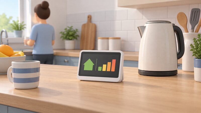 A small white portable touchscreen in-home display standing on a kitchen worktop beside a kettle, its screen showing a simple live electricity cost figure as plain blocks with no readable numbers, in a typical UK kitchen.
