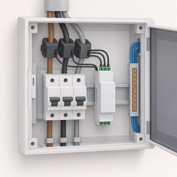 A small three-phase domestic energy monitoring meter mounted on a DIN rail inside a home consumer unit, with its current clamps clipped around the three incoming live tails, shown as the device whose published accuracy the section discusses.