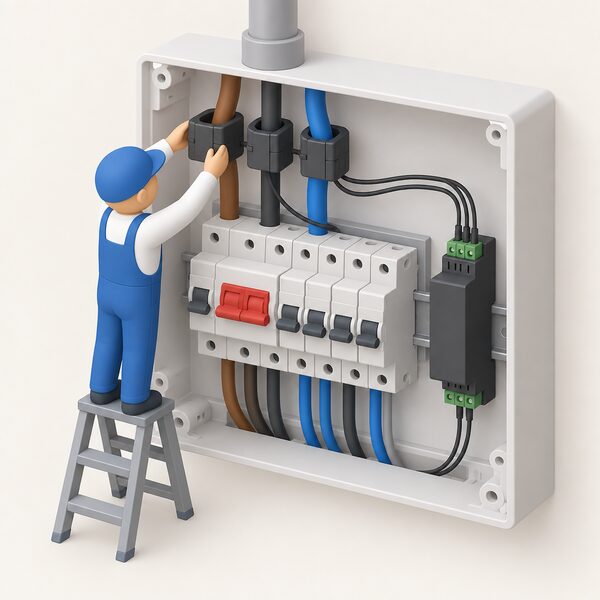 An open consumer unit with three current transformer clamps clipped around the incoming supply tails just before the main switch, a small isometric figure fitting one clamp, and the meter module connected nearby by a thin cable.