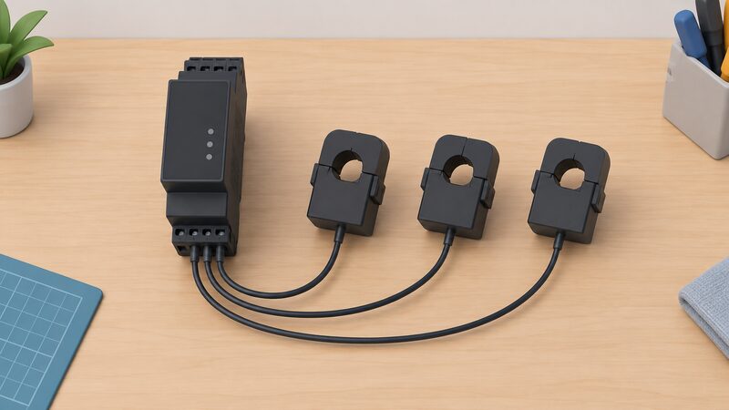 A flat-lay scene on a workbench showing the Shelly Pro 3EM 120A v2 meter unit beside its three separate current transformer clamps, each with its lead running back to the meter, arranged ready for installation with no wiring yet connected.