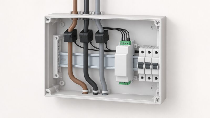 An open consumer unit showing a Shelly Pro 3EM meter clipped to the DIN rail, with three current transformer clamps each fitted around one of the three incoming phase conductors feeding the unit.