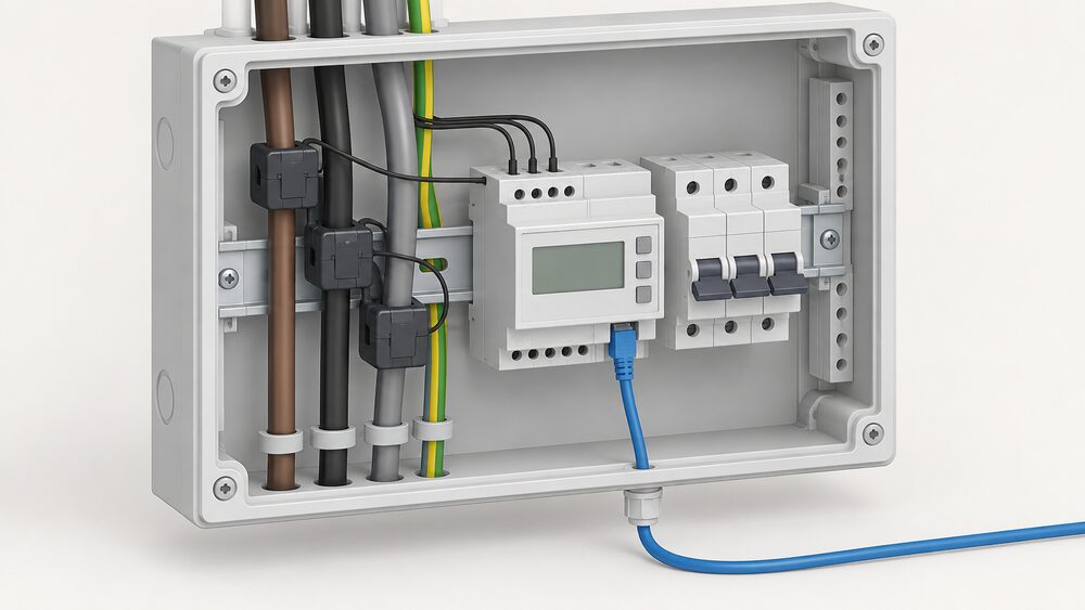 A DIN-rail three-phase energy meter mounted inside an open distribution board, shown close up, with three current transformers clamped around the incoming phase conductors and a wired LAN cable running from the meter out of the enclosure.
