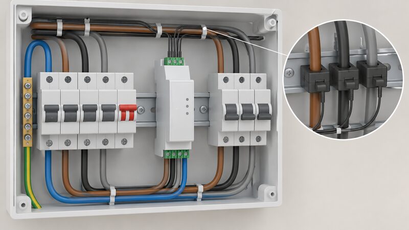 A close-up of the Shelly Pro 3EM clipped to a DIN rail inside a consumer unit, showing its lower terminal block with voltage reference wires from the board's ways entering one group of screw terminals and thin current transformer leads from clamps around the phase conductors entering another group.