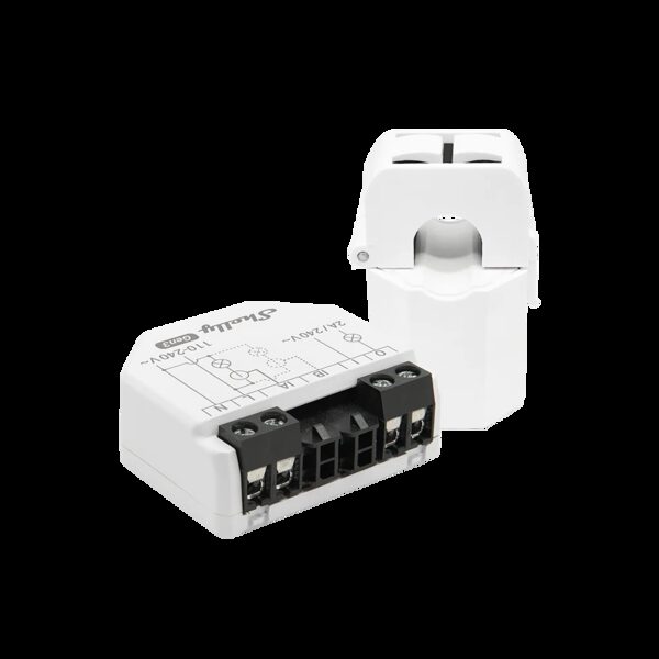 A Shelly EM Gen3 smart energy meter module with its current transformer clamp, shown as a product photo on a white background