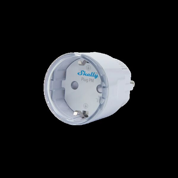 A white Shelly Plug PM smart plug energy monitor with a European Schuko socket on a plain white background