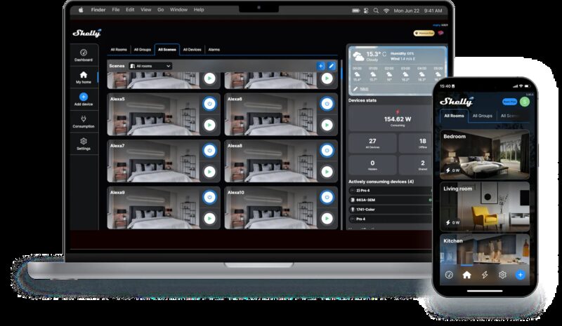 A laptop and smartphone displaying the Shelly smart home control app with room scenes and energy stats
