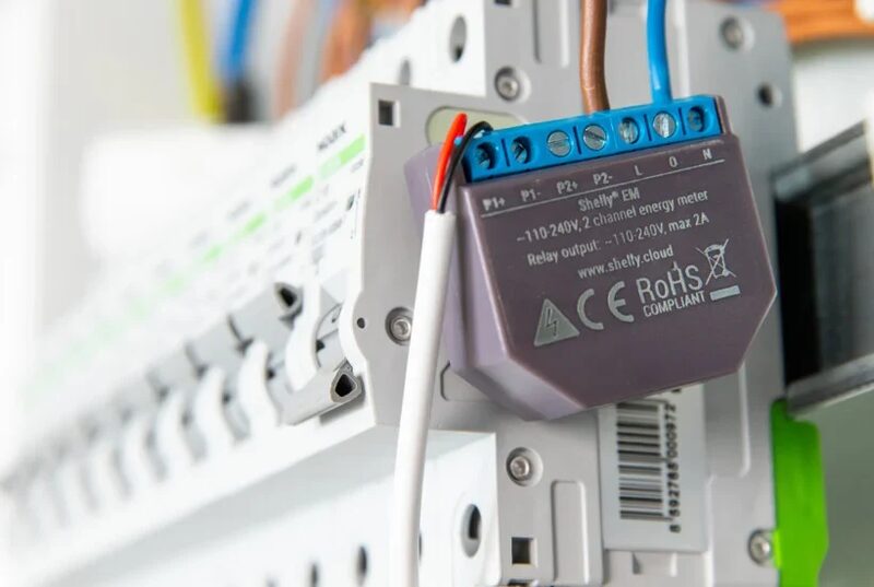 A Shelly EM 2-channel energy meter wired into a consumer unit in an electrical distribution board