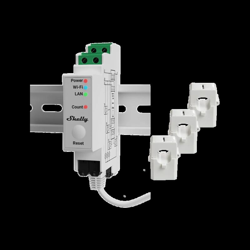 A Shelly PRO 3EM DIN-rail smart energy meter with three current transformer clamps beside it
