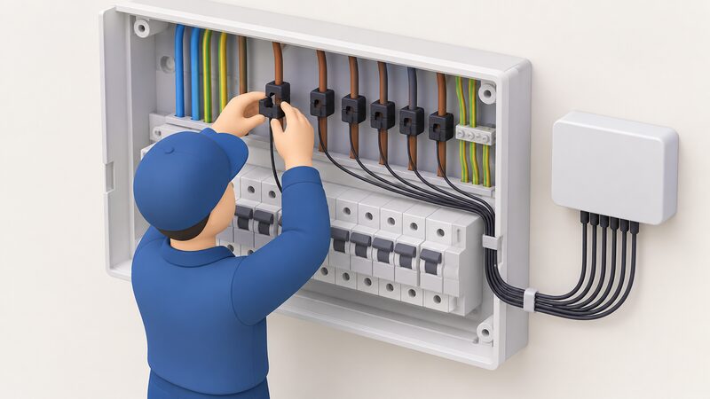 An isometric installer figure inside an open domestic consumer unit, clipping a split-core clamp-on current transformer around one circuit's live cable, with several other circuits already carrying identical clamps whose thin leads run to a small monitoring hub mounted beside the unit.