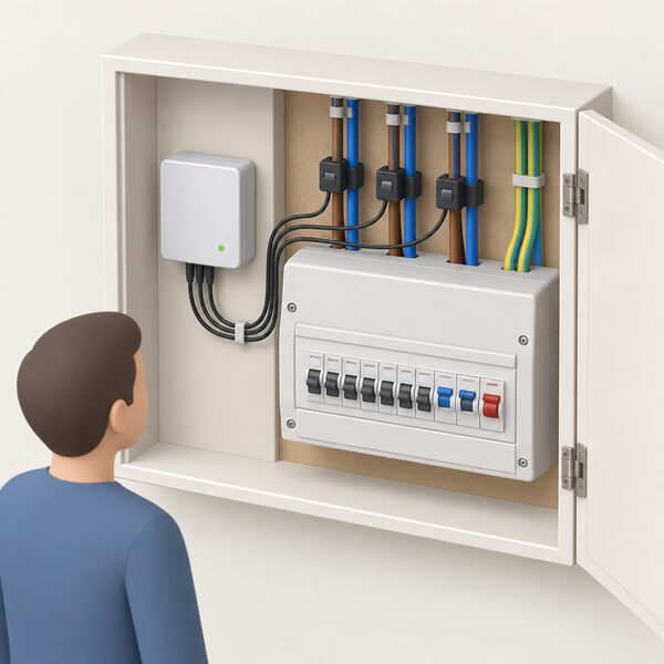 A small energy monitor unit mounted beside a domestic consumer unit, with current clamps clipped onto individual circuit cables inside the consumer unit and thin measurement leads running from the clamps to the monitor, shown as a simple cutaway of the cupboard.