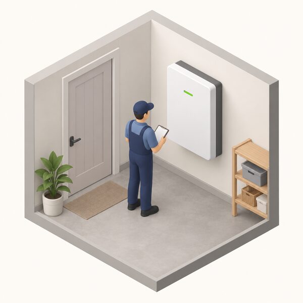 A wall-mounted domestic battery storage unit installed indoors in a utility space, with a small isometric figure of an installer checking it, representing a system sized from months of monitored household electricity usage data.