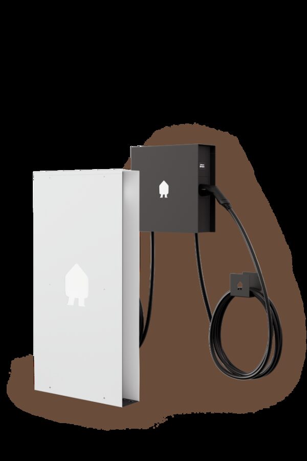 Two Smappee EV charging units, one white and one black wall-mounted charger with coiled cable, on a plain background