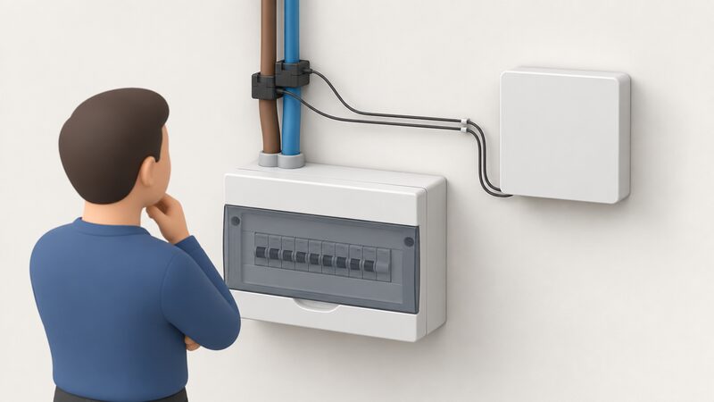 A wall-mounted Smappee Infinity monitoring module beside a consumer unit, with current transformers clamped around the incoming supply tails and thin wiring running from the transformers to the module.