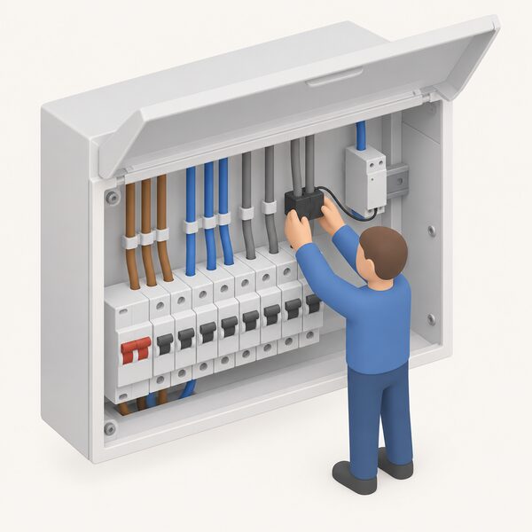 An open consumer unit with a small monitoring module and a current transformer clipped around the cable feeding a group of socket circuits, with a simplified isometric figure fitting the transformer onto the cable.