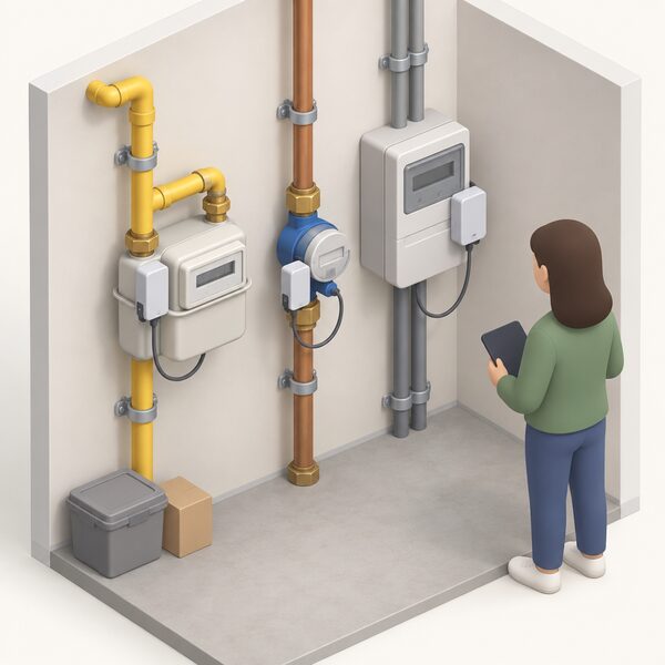 An isometric view of a home utility corner showing a gas meter fitted on a gas pipe, a water meter on the incoming water pipe and an electricity meter on the supply, all side by side with a small monitoring module connected to each, representing the three utilities monitored together in one home.