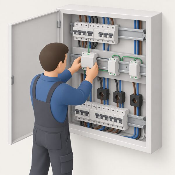 An electrician working inside an open distribution panel, clipping a DIN-rail mounted monitoring module onto the rail with current transformers around circuits and a bus cable linking modules, before any app configuration.