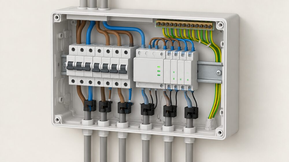 A close-up of an open consumer unit with its front cover removed, showing a DIN-rail carrying a modular energy monitoring base unit and clip-in modules alongside the existing circuit breakers, with small current-transformer clamps fitted around individual circuit cables inside the enclosure.