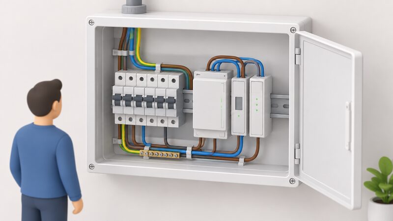 An open consumer unit with a DIN rail carrying a Smappee Infinity Power Box base unit, a MID meter module and an output module clipped alongside it, with wiring between the modules and the incoming supply ways.