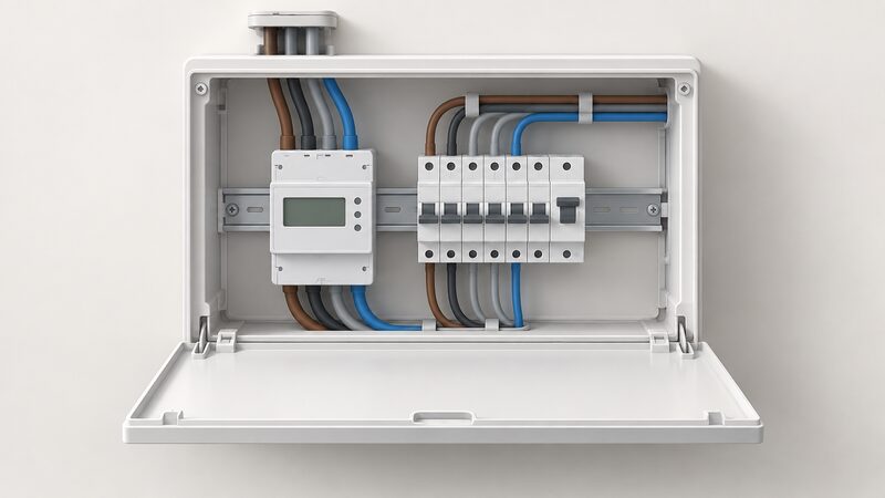 An open consumer unit with its door down, showing a three-phase direct-fed MID meter module clipped to the DIN rail alongside a row of circuit breakers, with thick three-phase tails entering the meter and outgoing ways leaving the breakers.