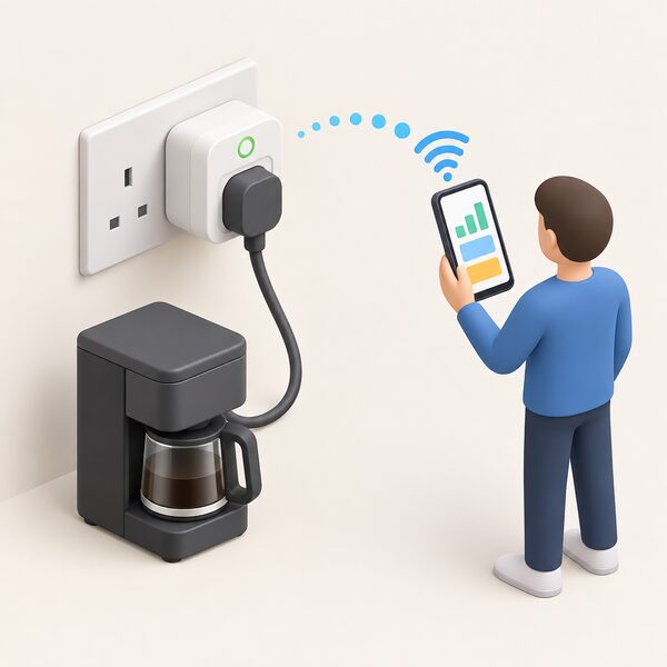A smart plug in a wall socket with an appliance's lead plugged into it, a small WiFi signal arc rising from the plug toward a smartphone held in a simplified figure's hand, the phone screen showing plain colour blocks representing the app's energy readings.