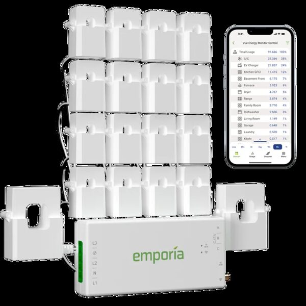Emporia Vue 3 home energy monitor unit with a bundle of clamp current sensors and a smartphone showing the Vue Energy Monitor Control app