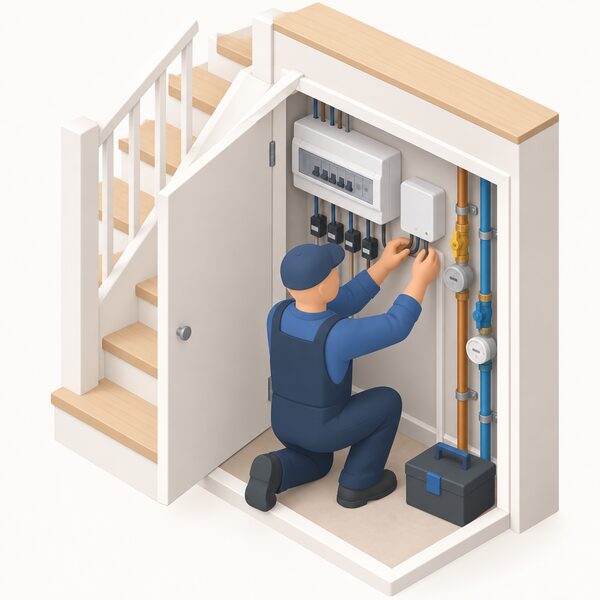 An installer kneeling at an open under-stairs cupboard fitting a circuit-level energy monitoring hub on the din rail beside the consumer unit, with current transformers clipped onto individual circuit wires and small pipework for gas and water entering the same cupboard.