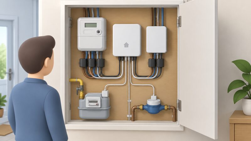 Inside a domestic meter cupboard, a Smappee Power Box and an Emporia Vue 3 monitor are mounted side by side on the wall, each with current transformers clipped around the incoming electricity supply tails, while the Smappee alone has additional cables running to the gas and water meters.