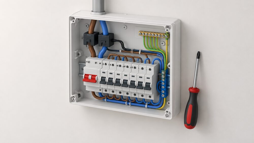 A close-up of a domestic consumer unit with its front cover removed, showing current transformer clamps clipped around the incoming supply tails inside, with a screwdriver resting beside the open enclosure on the wall.