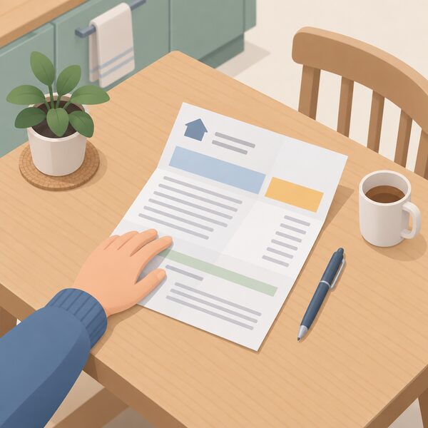 A domestic energy bill as a folded paper document lying open on a kitchen table beside a pen, its content shown only as blank lines and plain colour bands with no readable words or figures, with a simplified isometric figure's hand resting on the page as if reading it.