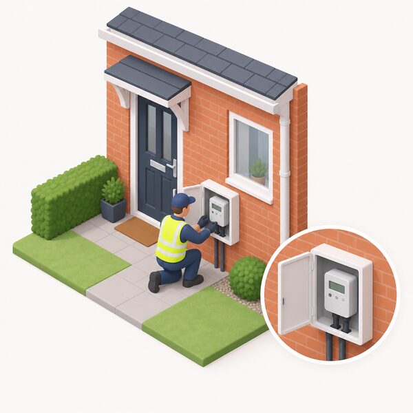 A supplier installer fitting a smart meter on an outside wall of a domestic home, with the small isometric figure working at the meter box and the completed installation shown at no charge as a straightforward job at the property.