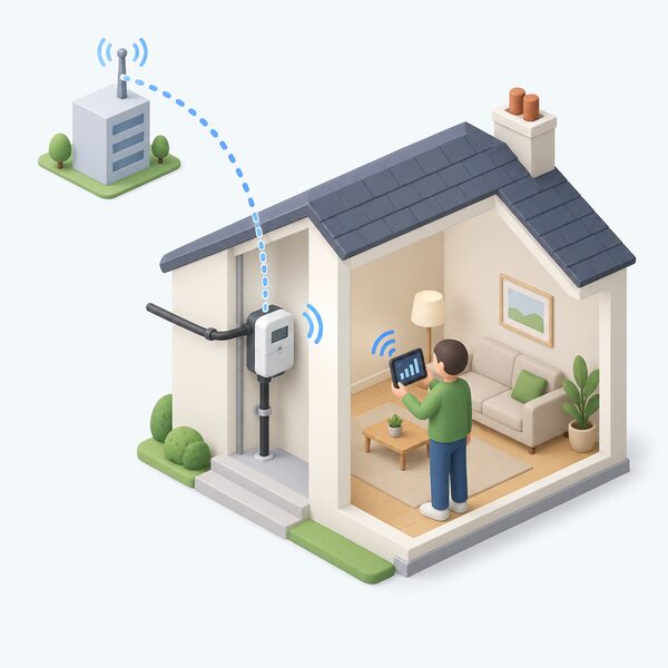 A simplified isometric cutaway of a home wall showing the smart meter installed on the supply side with its in-home display nearby, a small figure holding the display, and a plain signal path from the meter outwards representing readings sent automatically to the supplier.