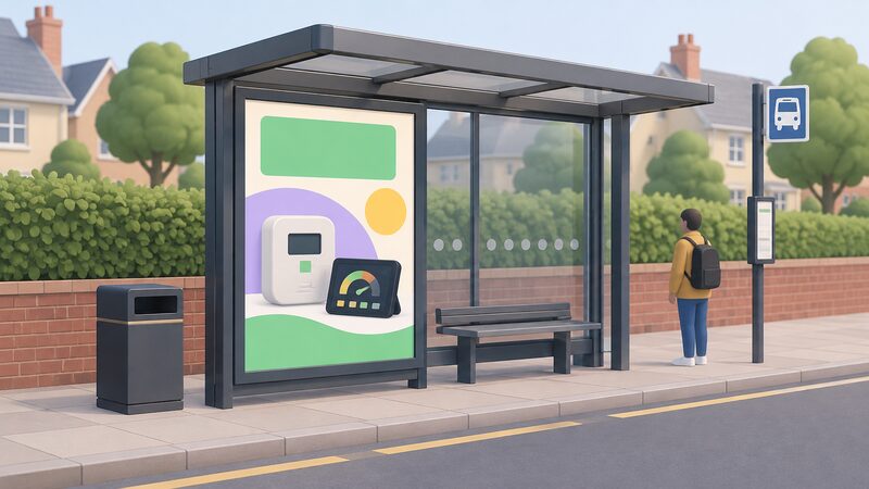 A bus shelter on a British street with a large advertising poster in its lightbox showing a simplified smart meter and a separate in-home display, drawn as campaign artwork with blank colour blocks instead of any readable words or numbers.