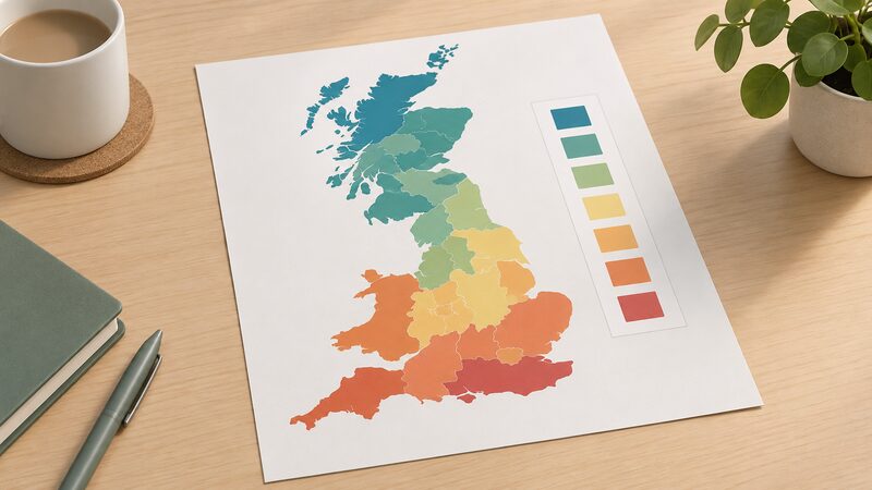 A simplified map of Great Britain divided into plain colour-shaded regions of differing tones representing smart meter penetration, drawn as a printed sheet lying on a table with a plain unmarked colour legend beside it and no names, numbers or text anywhere.