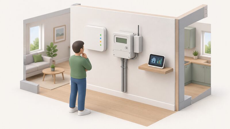 A cutaway interior wall showing a wall-mounted smart home controller with small status lights beside a smart meter with its communications hub and an in-home display, with a simplified figure glancing between the two devices to show their separate roles.