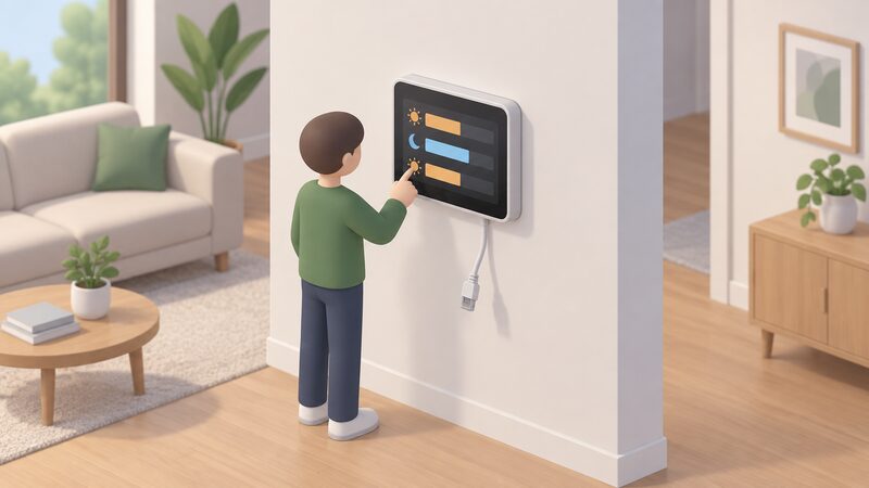 A wall-mounted smart home controller on a home interior wall with its network cable pulled out and hanging loose, its screen showing plain schedule blocks, while a small isometric figure stands beside it checking that heating control still works.