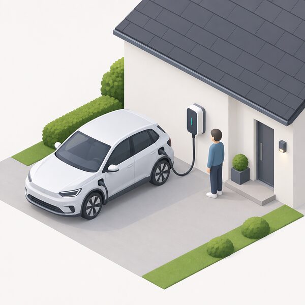 A small isometric figure stands beside an electric car wallbox charger mounted on the outside wall of a house, with a cable running from the charger to a parked electric car, showing the energy device the Home Control Unit coordinates.